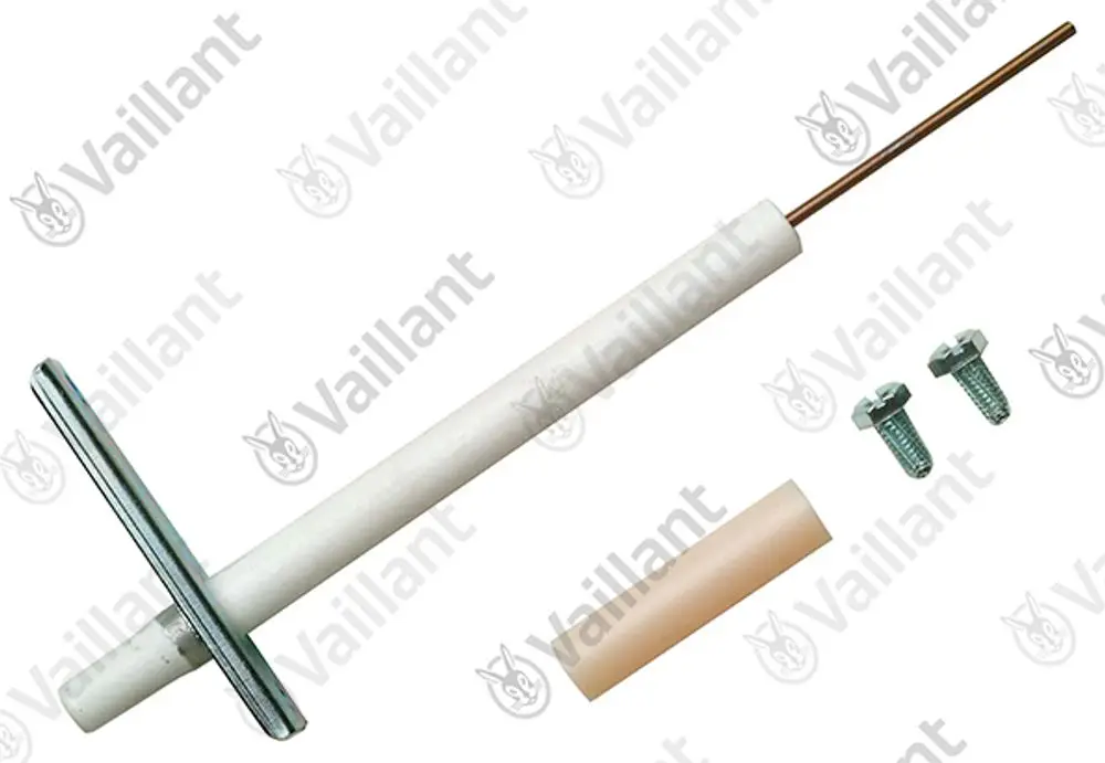 Vaillant Elektrode mit metallischem Kopf und isolierendem Körper, daneben eine kurze Kunststoffhülse und zwei Schrauben zur Befestigung.
